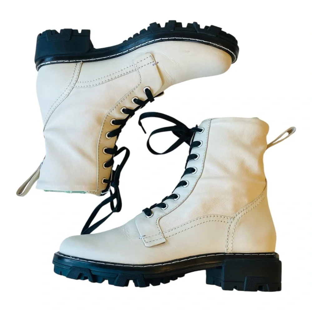 Rag & Bone Shiloh Combat Boots White Leather Black Lug Sole Women’s 39 (8.5–9) - Picture 1 of 14